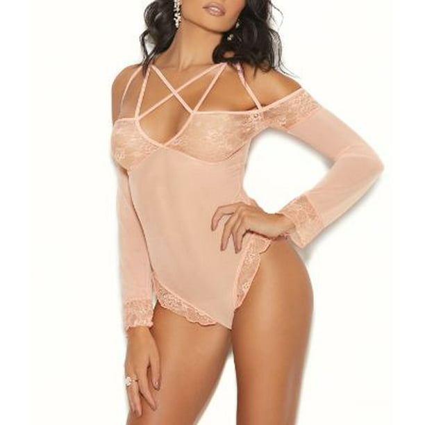 Elegant Moments Womens Vertical Striped Suspender Bodystocking with Open Crotch